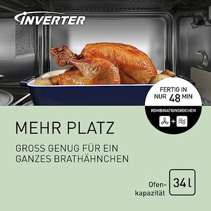 Panasonic NN-CD87 Kombi Mikrowelle mit Heißluft und Grill, Standgerät, 1000 Watt, Inverter Mikrowelle, 34 Liter Garraum, edelstahl – Bild 3