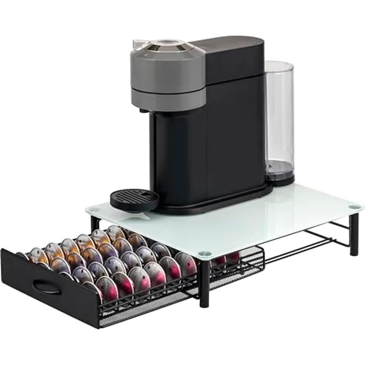 eluno Kapselhalter für 40x Nespresso Vertuo, Schubladenbox mit Glasplatte und Metallständer, ca. 33,5 x 9 x 41 cm, weiß