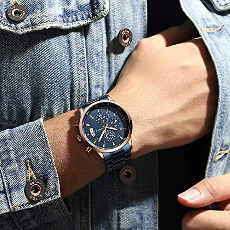 CRRJU Herren Chronograph Armbanduhr, wasserdicht, Edelstahlarmband, analoges Quarzwerk mit Kalender, blau – Bild 5