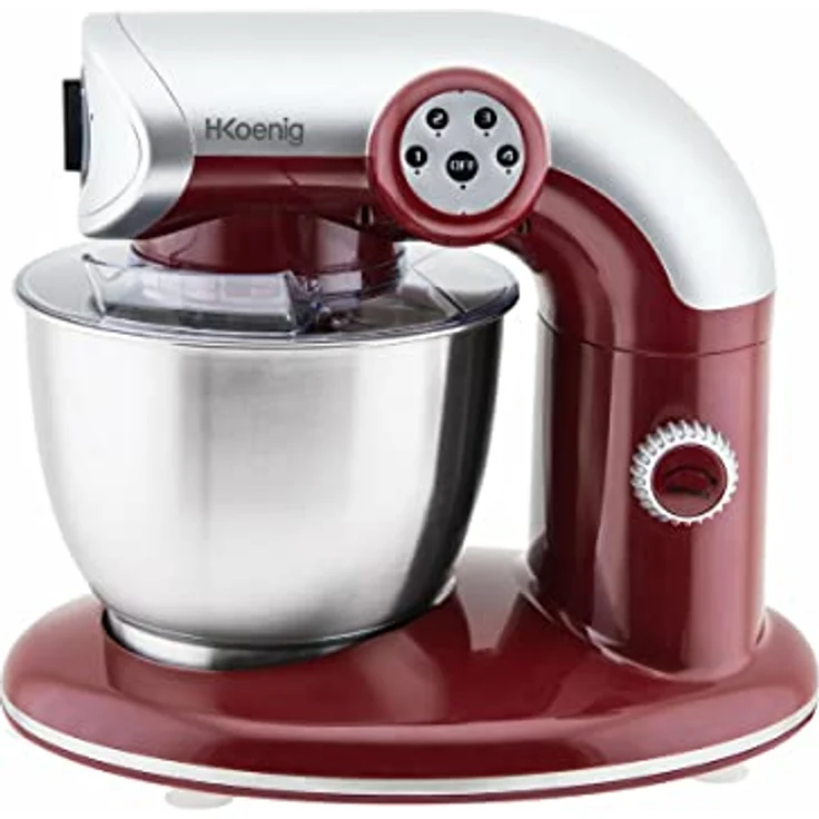 H.Koenig KM80 Küchenmaschine - 5 L Schüssel aus Edelstahl - bis zu 2kg Teig - 3 Aufsätze - 1000 W - 4 Geschwindigkeitsstufen - rot – Bild 3
