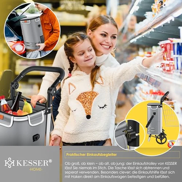 KESSER® Einkaufstrolley klappbar mit 56L Kapazität und belastbar bis 50kg | 3in1 Trolley Sackkarre & Umhängetasche | Faltbarer Einkaufswagen inkl. Kühlfach & Einkaufschip | Treppensteiger Grau – Bild 4