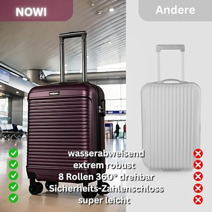 NOWI Las Palmas Koffer Klein, leichter Hartschalenkoffer mit 360° Rollen, Kofferwaage und Kofferband, 34L, 55x40x20cm, metallic lila, passend für Ryanair und Lufthansa – Bild 2