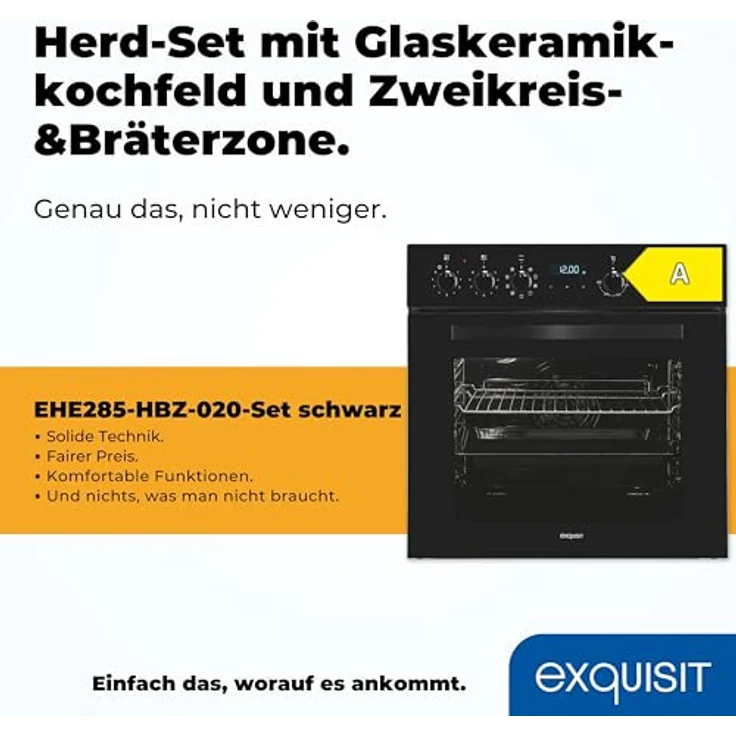 Exquisit Einbauherdset EHE285-HBZ-020-Set schwarz, 75 l Garraumvolumen, 9 Backofenprogramme, Glaskeramikkochfeld mit Rahmen, Energieklasse A – Bild 2