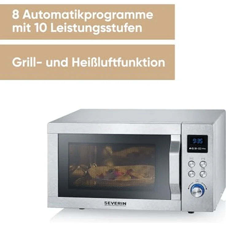 Severin MW 7774 Mikrowelle, 25 Liter Garraum, 900 Watt, mit Grill, Heißluft, Auftauprogramm, Display, silber – Bild 6
