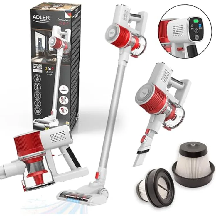 ADLER EUROPE Staubsauger, Leistung 300W/11500 Pa, Kabelloser Handstaubsauger, Vertikalstaubsauger, Arbeitszeit 30 Minuten, LCD-Display, EPA-Filter, Zyklonfilter, Elektrobürste mit LED-Licht