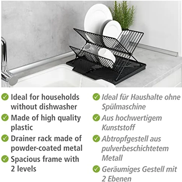 WENKO Abtropfmatte Nelia mit Abtropfgestell für Geschirr mit geneigter Fläche für optimalen Wasserablauf, Abtropfmatte aus Kunststoff, Gestell aus Metall, (B x H x T): 34 x 24 x 40 cm, Schwarz – Bild 3