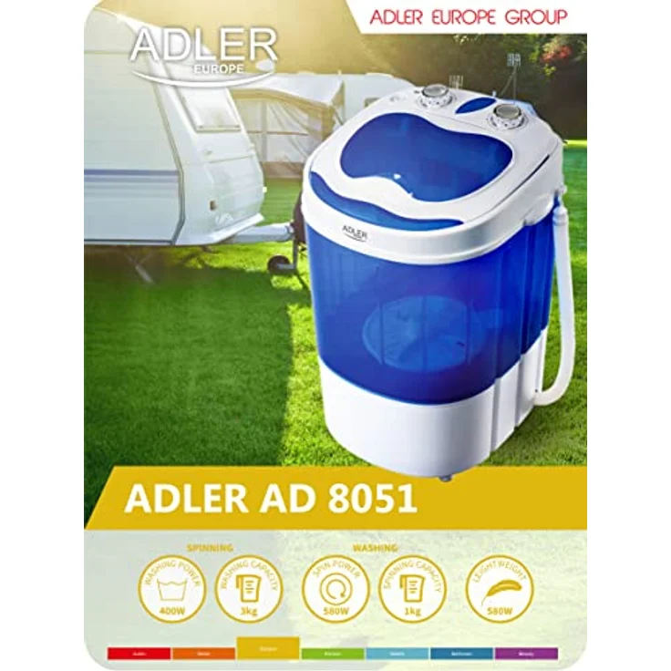 JUNG ADLER AD8051 Mini Waschmaschine mit Schleuder blau, Waschautomat bis 3 KG, Reisewaschmaschine, Miniwaschmaschine, Camping Mobile Waschmaschine, Toploader (1 Kammer) – Bild 3