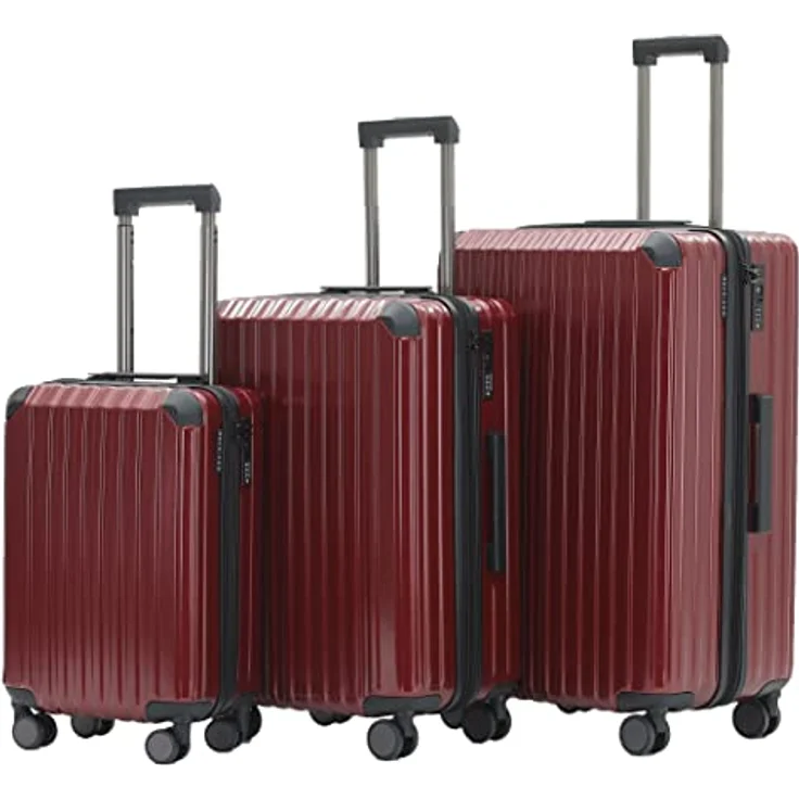 Münicase M816, 3er Kofferset mit TSA-Schloss, Dehnungsfuge, Teleskopgriff, 4 Rollen, Hartschale, 76 cm, 65 cm, 55 cm, Weinrot – Bild 1