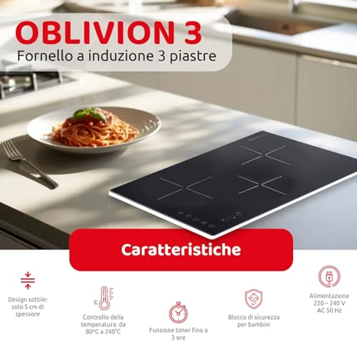 Melchioni Family OBLIVION 3, tragbares Induktionskochfeld mit 3 Brennern, Timerfunktion bis 3 Stunden, Kindersicherung und Überhitzungsschutz, schwarzes Glas, nur 5 cm dick – Bild 2