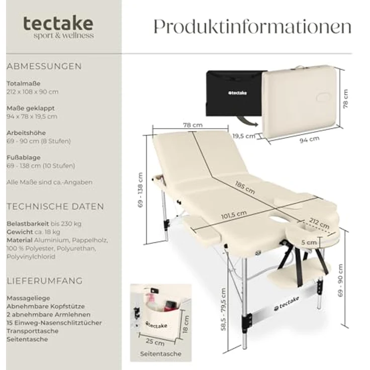 tectake Massageliege Ko Tao, klappbar, 3-Zonen, Beige, Metall, höhenverstellbar, 108x90x212 cm – Bild 6