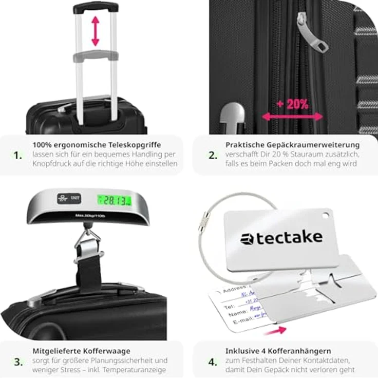 tectake®, 4tlg. Hartschalenkoffer Set, Reisekoffer Set mit Rollen, Hartschale aus ABS, Koffer Set mit Teleskopgriff und Schloss, inkl. Kofferwaage und Kofferanhänge, Trolley Größen S-M-L-XL - schwarz – Bild 3