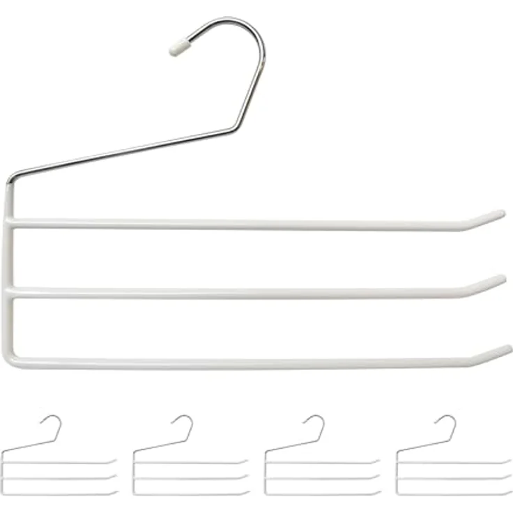 Relaxdays Hosenbügel mehrfach, 5er Set, Metall, rutschfest, 3 Hosenstangen, weiß – Bild 1
