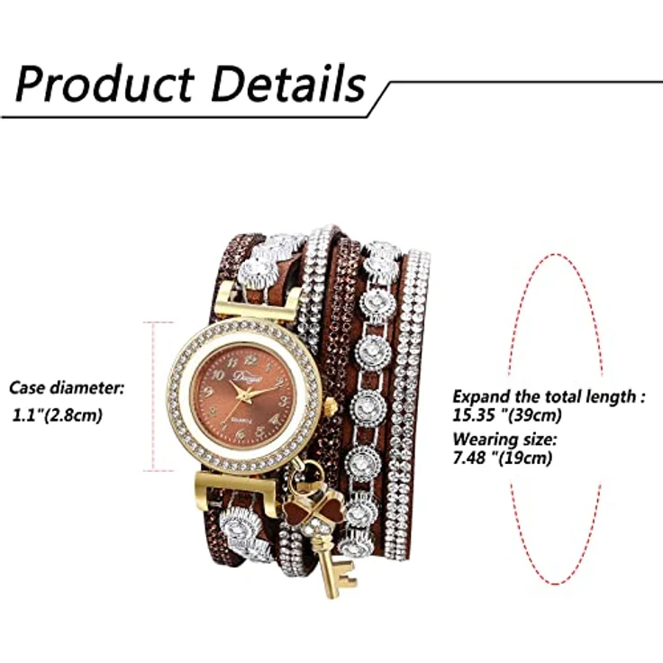 JewelryWe Retro Damen Armbanduhr, Analog Quarz mit geflochtenem Lederarmband und Kleeblatt Schlüssel Anhänger, Braun – Bild 5