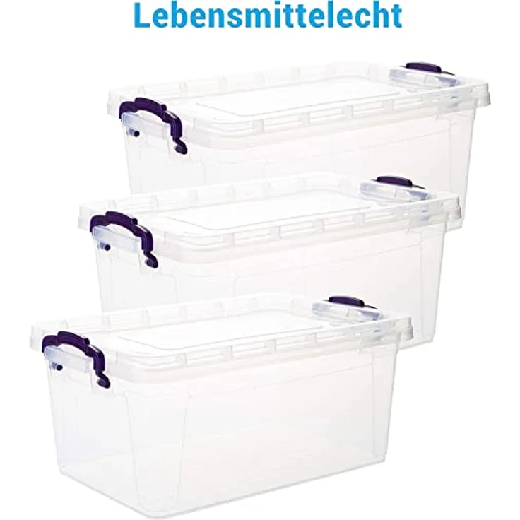 Aufbewahrungsbox mit Deckel, 6 Stück Aufbewahrungsboxen, 22 Liter Boxen Aufbewahrung, Transparent Plastikbox mit Deckel, Made in EU, Model: Mia, Kisten Aufbewahrung mit Deckel und lila Griffen – Bild 3