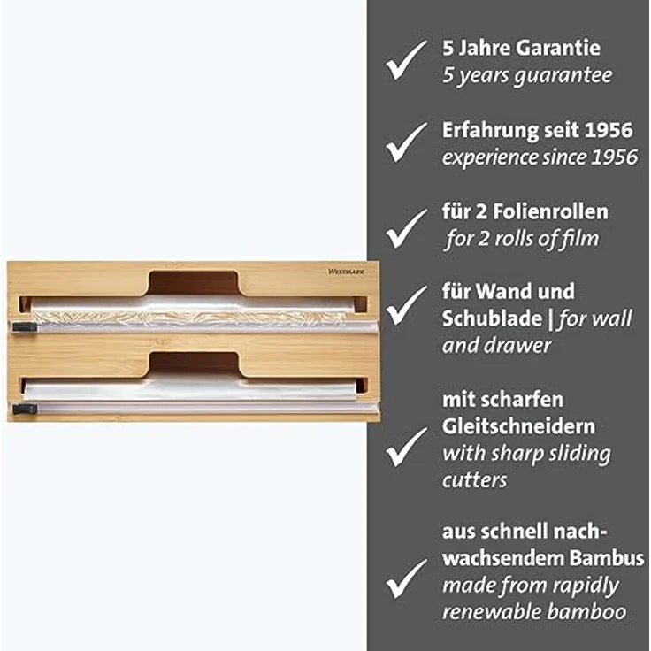 Westmark Folienspender mit Schneidvorrichtung – Alufolien- und Frischhaltefolienspender mit Gleitschneider, müheloses Abtrennen von Folien ohne Reißen, Rollen bis 31 cm – Bambus – Bild 2