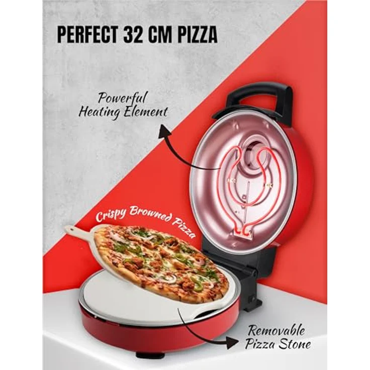 Bestron Pizzaofen APZ500R für knusprige Pizzen in 5-10 Minuten, elektrischer Pizzaofen mit bis zu echten 320°C Höchsttemperatur, inkl. Schamottstein & 2 große Holzspatel, Viva Italia, Rot – Bild 3