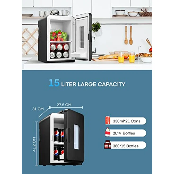 NORTHCLAN Mini Kühlschrank 15L, tragbarer Kühl- und Heizkühlschrank mit 220V AC/12V DC, MAX- und ECO-Modus, schwarz – Bild 3