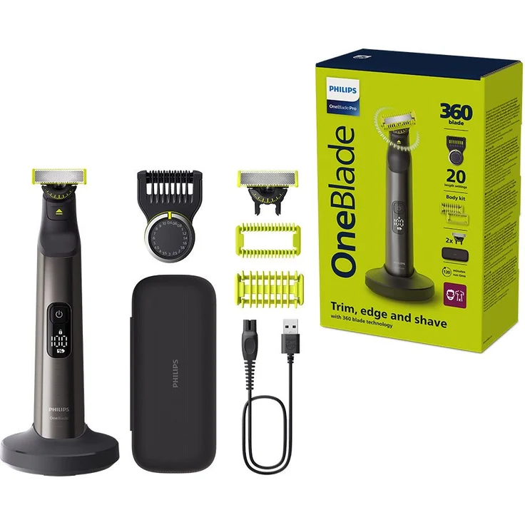 Philips Elektrorasierer OneBlade Pro 360 Face & Body QP6652/30, 3 Aufsätze, 360 Grad Klinge, 20 Längeneinstellungen, inkl. Ladestation & Reiseetui – Bild 1