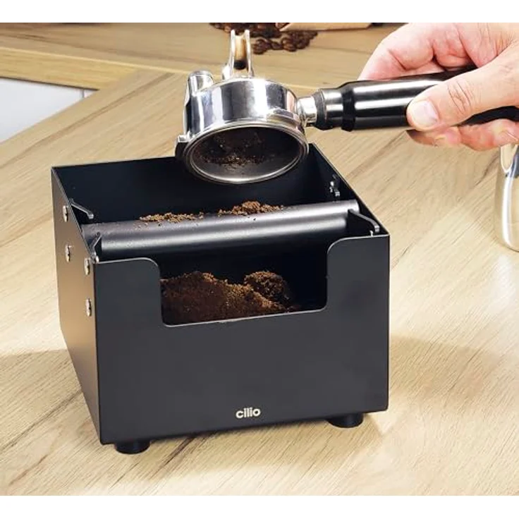Cilio Espresso-Ausschlagdose Barista, 16x16cm, Edelstahl rostfrei, Schwarz, abnehmbare Ausschlagstange mit rutschfesten Füßen – Bild 5