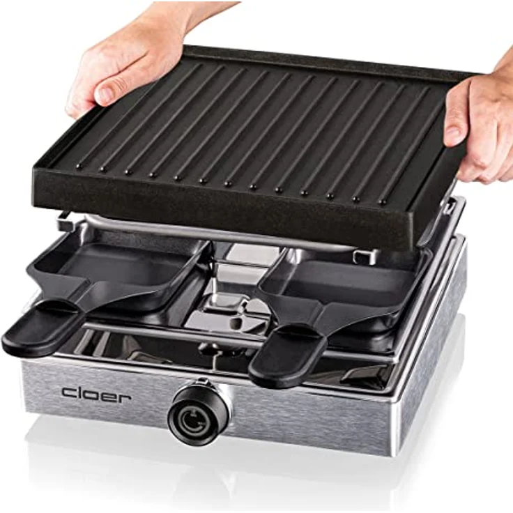 Cloer 6454 Raclettegrill mit Aluminium-Druckguss Platte, 750 W, 4 antihaftbeschichtete Raclettepfännchen, Kunststoffspachtel, unbeheizter Parkplatz, Aluminium – Bild 3