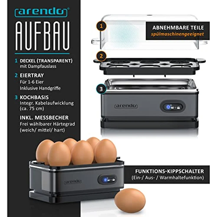 Arendo Eierkocher Sixcook Edelstahl mit Warmhaltefunktion - Kipp-Funktionsschalter mit Indikationsleuchte - frei wählbarer Härtegrad - rostfreier gebürsteter Edelstahl - BPA-frei - in Cool Grey – Bild 3