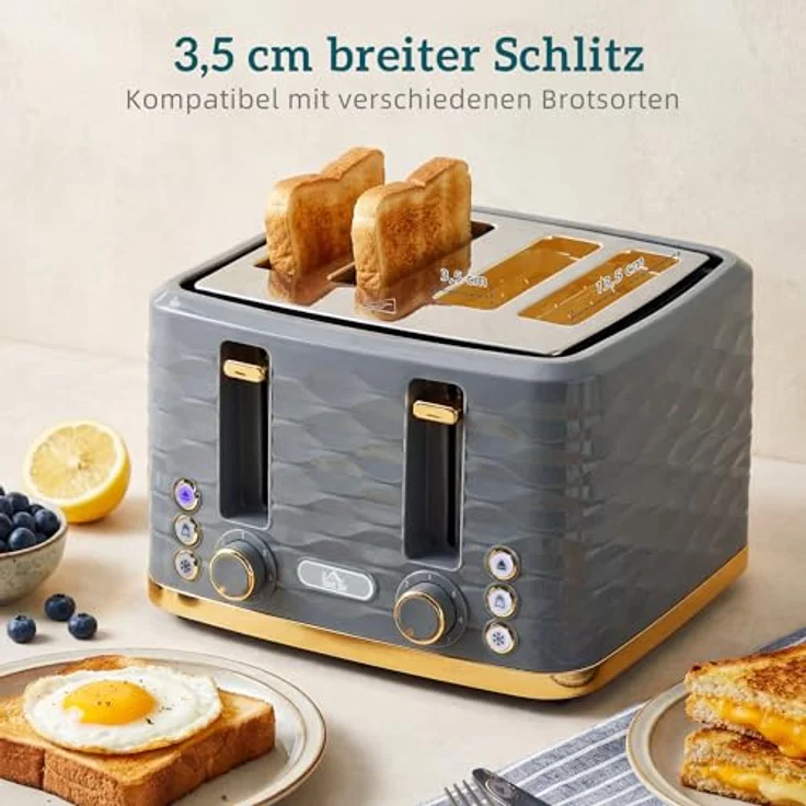 HOMCOM 4-Scheiben-Toaster mit 7 Bräunungsstufen, High-Lift, grau, automatische Abschaltung, Herausnehmbare Krümelschublade, 1860W – Bild 3