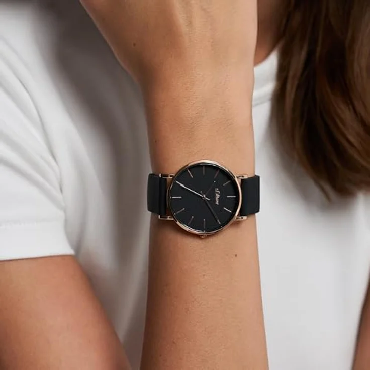 s.Oliver Damen Analog Quarz Armbanduhr SO-4183-PQ, 36 mm Metallgehäuse, schwarzes Silikonarmband, kratzunempfindliches Mineralglas, wasserdicht bis 3 ATM – Bild 4