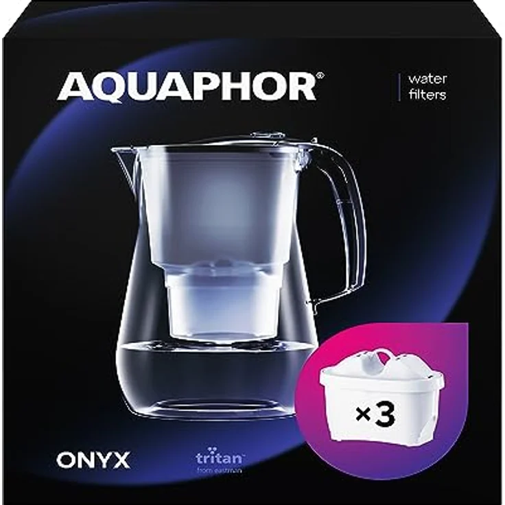 AQUAPHOR Wasserfilter Onyx Schwarz inkl. 3 MAXFOR+ Filter I 4,2L Wasserfilter in Glasoptik I Karaffe I Reduziert Kalk & Chlor I Perfekt für die Familie I Premium Qualität I Stylischer Behälter – Bild 1
