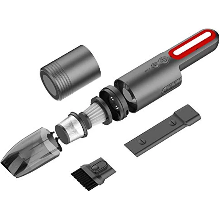 INF Handstaubsauger für Auto, wiederaufladbar, mit LED-Lampe, Grau, mit Zubehörteilen und SOS-Funktion – Bild 1