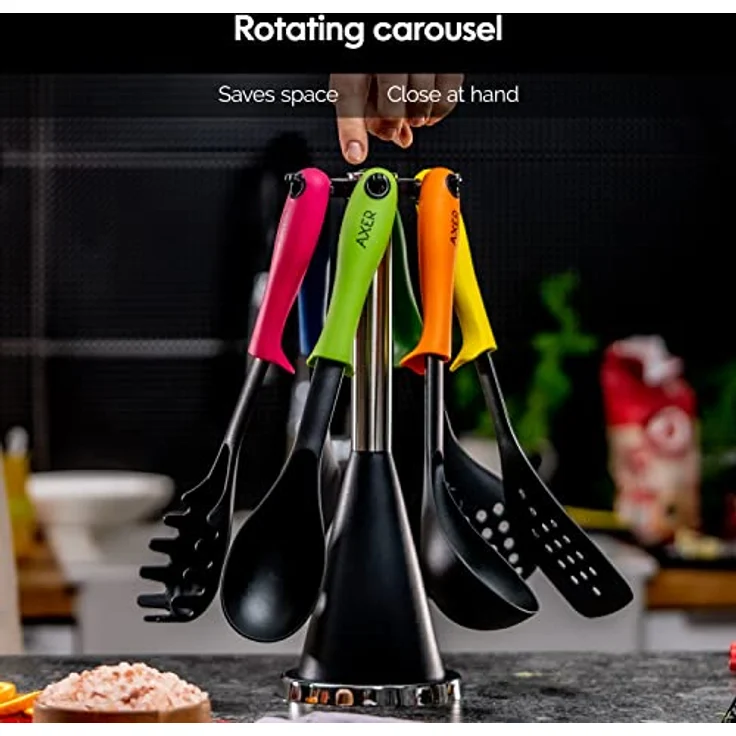 Axer Nylon-Kochutensilien-Set mit Drehbarem Ständer – 6-teilig – Mehrfarbiges Küchenset mit Löffel Schöpfkelle Schaumlöffel Wender Pfannenwender und Spaghettilöffel – Spülmaschinenfest – Bild 5