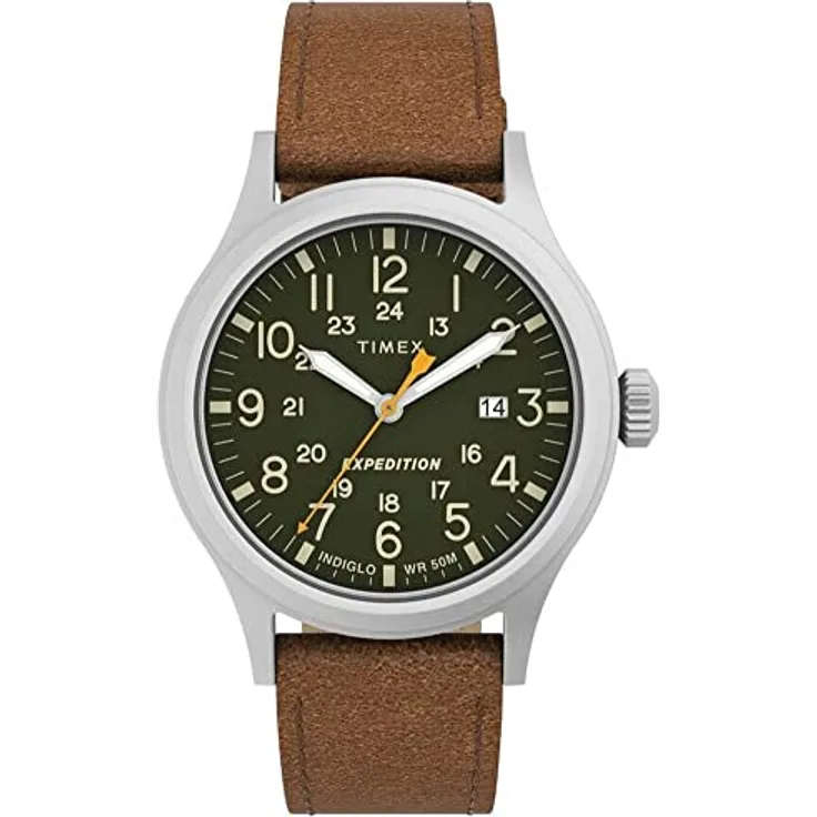 Timex Men's Expedition Scout, 40mm Quarzuhr mit grünem Zifferblatt und braunem Lederarmband, wasserdicht bis 50m