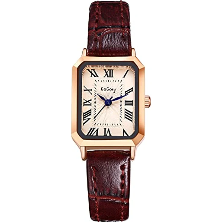 JewelryWe Uhren Damen Analog Quarz Armbanduhr mit klassischen römischen Ziffern, rechteckigem Gehäuse und braunem Lederarmband – Bild 1