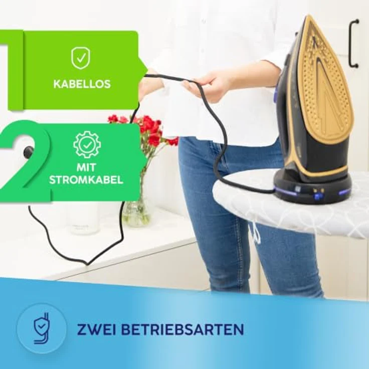 MPM MZE-26 Kabelloses Dampfbügeleisen 2600W mit Keramiksohle, 42 Dampfdüsen, Anti-Drip, Anti-Calc, Self-Clean, 300ml Wassertank, Temperaturregelung, Schwarz/Gold – Bild 6