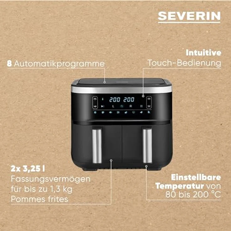 SEVERIN Doppel Heißluftfritteuse mit 2 x 3,8 L Garraum, XXL Heißluftfritteuse für gesundes Kochen, 8 Automatik-Programme, Fritteuse ohne Fett mit Dörrfunktion, 2850 W, schwarz/silber, FR 2453 – Bild 4