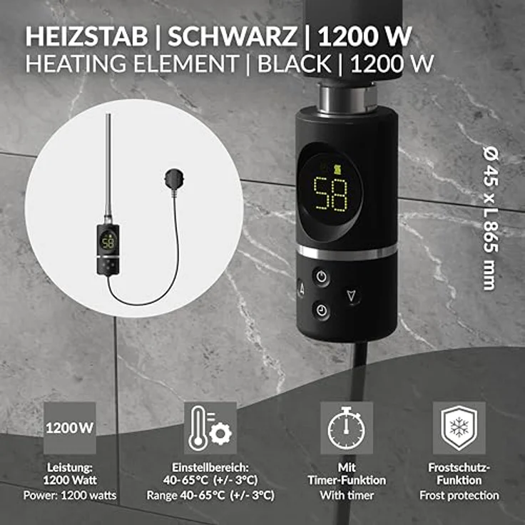 LuxeBath Heizstab 1200W, Heizgerät mit Thermostat und digitaler Anzeige, schwarz matt – Bild 2