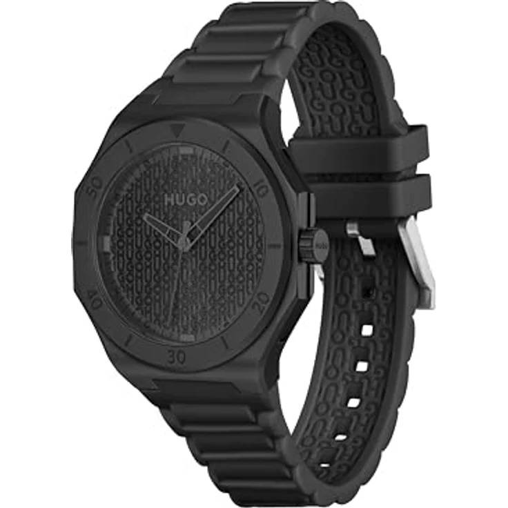 HUGO #Grail Light, Herren Uhr mit 3-Zeiger-Quarzwerk, 42 mm Aluminiumgehäuse, schwarzes Silikonarmband, 5 ATM wasserdicht, schwarzes Zifferblatt mit Logostruktur – Bild 3