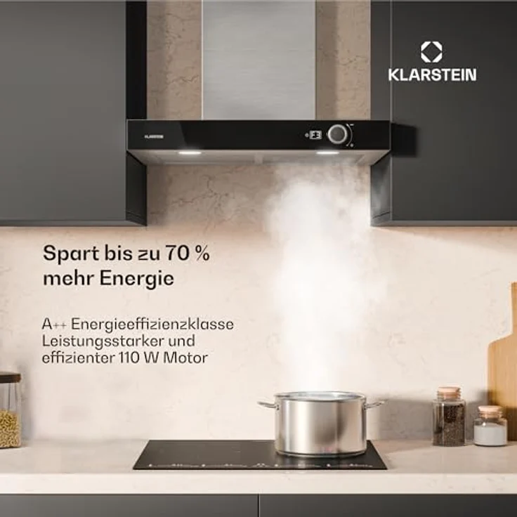 Klarstein AirNova Dunstabzugshaube, 60 cm Wandhaube mit 614 m³/h Luftstrom, A++ Energieeffizienz, LED-Beleuchtung, 49 dB, Edelstahl, Umluft & Abluft – Bild 3