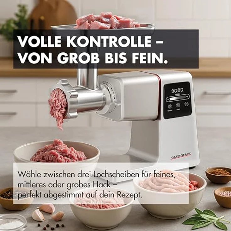 Gastroback Fleischwolf Design Fleischwolf 6-in-1 Power Pro, silberfarben, mit Burger-Presse und 2800 g/min Durchlaufmenge – Bild 3
