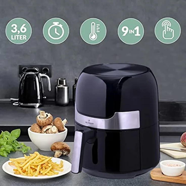 Just Perfecto Heißluftfritteuse 3,5L mit LED Touch - Airfryer bis 200°C - fritöse ohne Öl für 500g - 1400W Air Fryer mit 9 Programmen - Heißluft Fritteuse ohne Fett - Heissluftfriteuse für Pommes – Bild 3