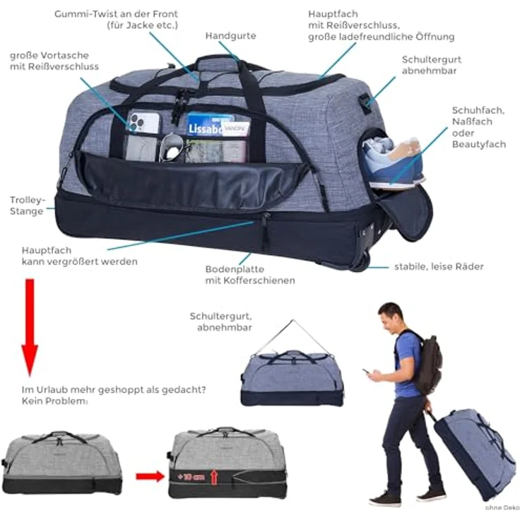 Elephant Trolley Reisetrolley Reisetasche Travel Trolley Cruiser 100-135 Liter Dehnfalte Wäsche Schuhfach flach verstaubar Reise Tasche (Hellgrau-Schwarz 13031) – Bild 5