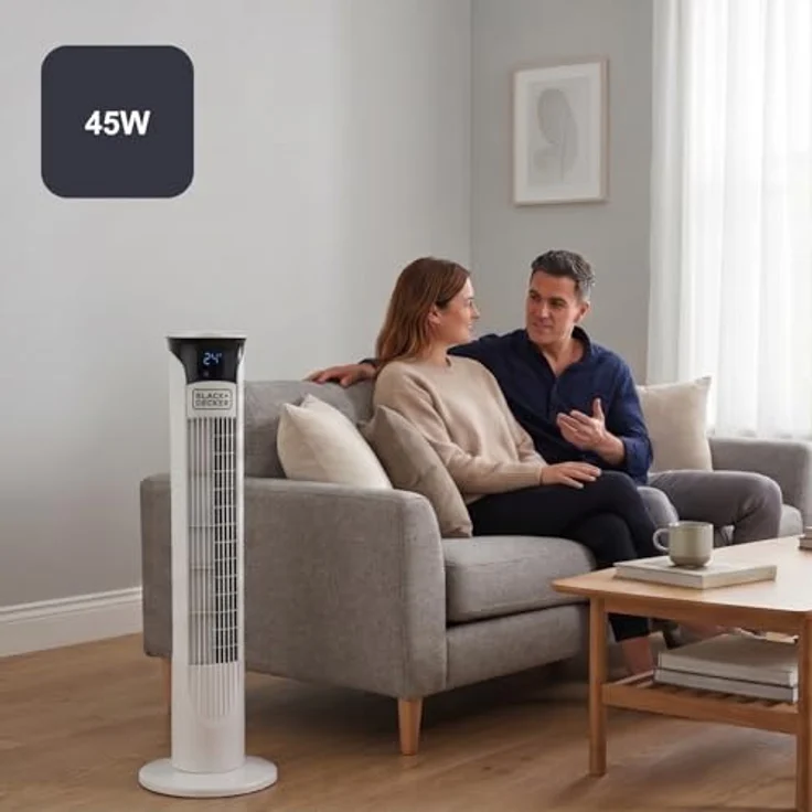 Black + Decker BXEFT48E - Digitaler oszillierender Turmventilator mit Fernbedienung, 81 cm hoch, 3 Geschwindigkeitsstufen, 3 Modi, Zeitschaltuhr 12 h, Leistungsstark, weiß. – Bild 3