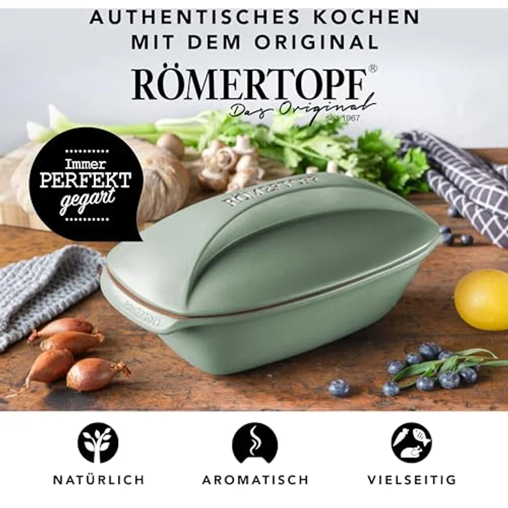 RÖMERTOPF Bräter Uni2Raw-Artikel, Keramik (Set), aus Naturton, vielseitiges Kochgeschirr in Grün – Bild 2