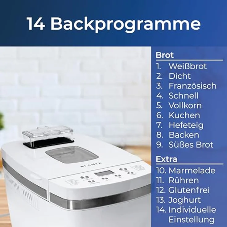 KLAMER Brotbackautomat, 14 Backprogramme, 3 einstellbare Bräunungsstufen, automatische Zubereitung von Brot, Kuchen, Pizzateig, Joghurt & Marmelade, Backform antihaftbeschichtet, Weiß – Bild 3