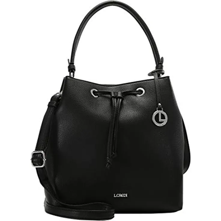L.Credi Ebony Beuteltasche, Handtasche aus genarbtem Kunstleder mit Zugband-Reißverschluss, Schwarz, 28 cm