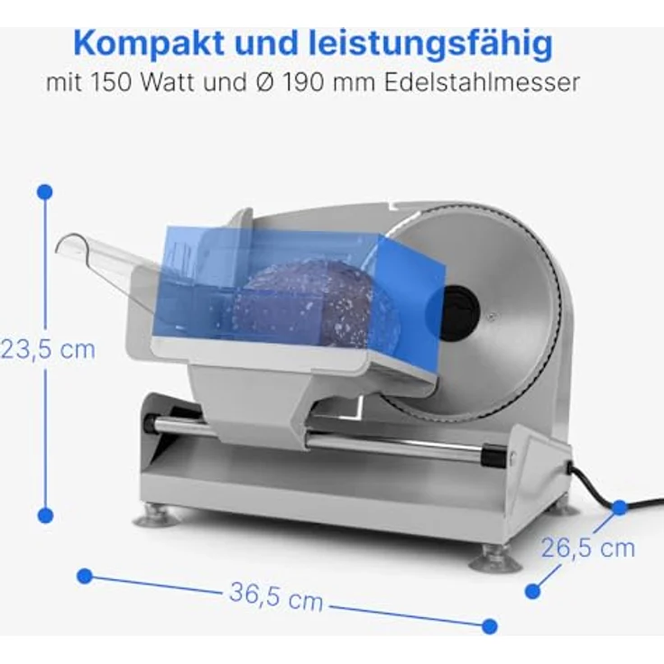 Clatronic MA 3585, Vollmetall-Allesschneider, Großes rostfreies Edelstahlmesser (Ø 190 mm), 150 Watt, Universalwellenschliff, Alu-Druckguss Motorgehäuse, Stufenlose Schnittstärke (0-15mm) – Bild 8