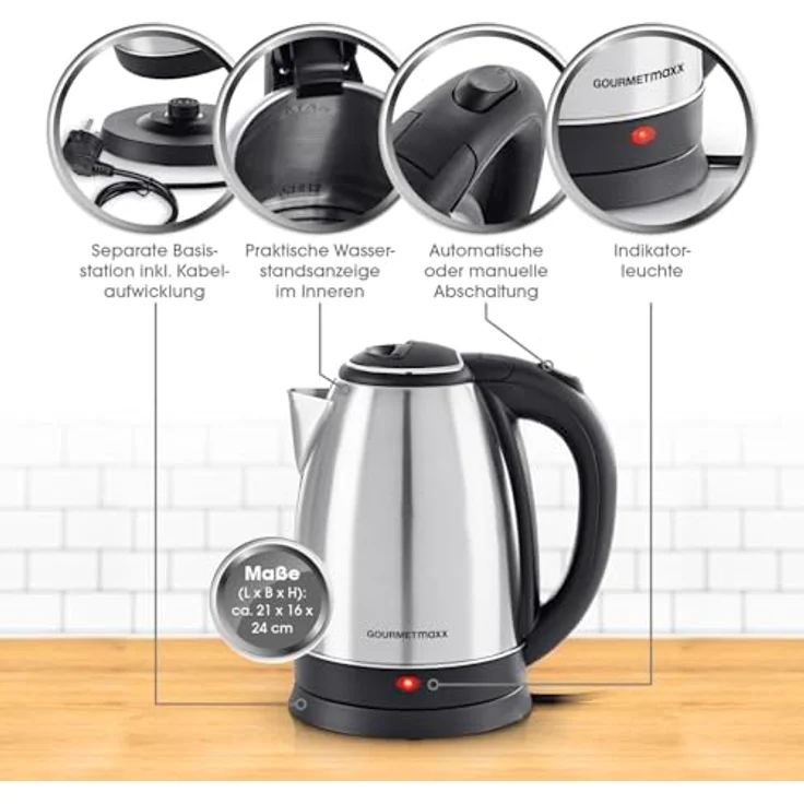 GOURMETmaxx Edelstahl-Wasserkocher 1,8 L | Leistungsstarker Boiler mit Abschaltfunktion und 360° Basisstation | Kabelloser Heißwasserspender inkl. praktischer Wasserstandsanzeige | 1500 W [BPA-frei] - Mattes Edelstahl-Design – Bild 2