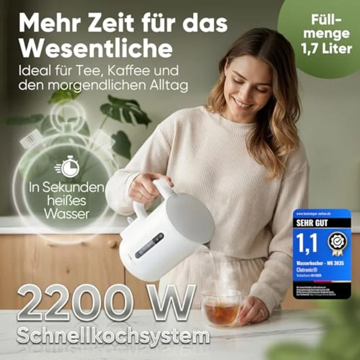 Clatronic WK 3835 Wasserkocher 1,7L, 2200W, BPA frei, Einhandbedienung, Wasserstandsanzeige, weiß – Bild 2