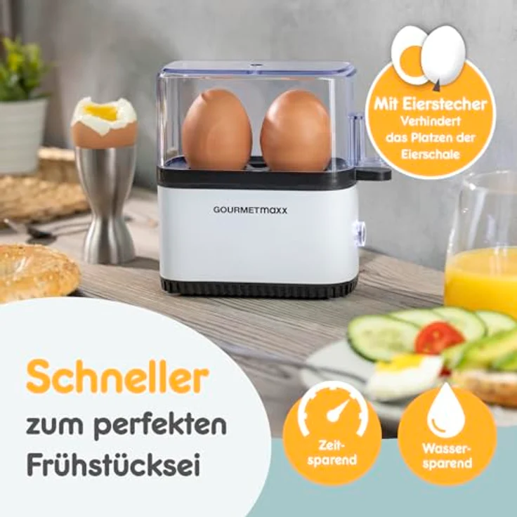GOURMETmaxx Eierkocher für 2 Eier, Mini Egg Boiler mit Eierstecher, 3 Härtegrade, spülmaschinenfeste Teile, weiß – Bild 5