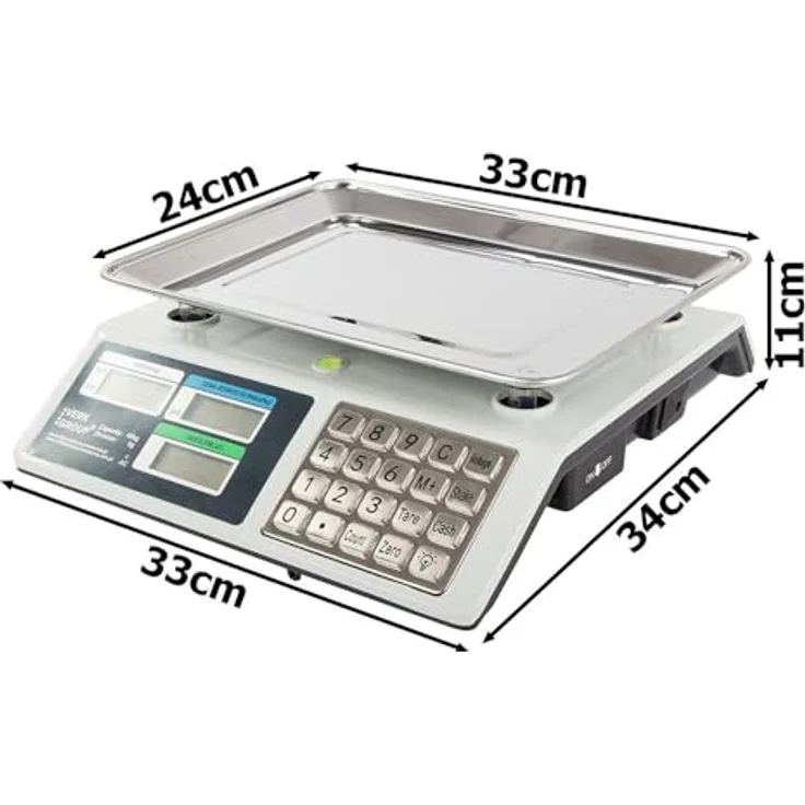 emeco Obstwaage 40kg, digitale Ladenwaage mit Edelstahl-Schale, hintergrundbeleuchtetem LCD-Display, ECO-Funktion, weiß – Bild 2
