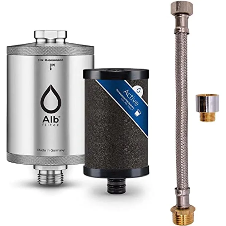 Alb Filter Active Komplettset mit 20cm Anschlussset für das Eckventil - Edelstahl Natur, Plastikfrei, beste Wasserqualität